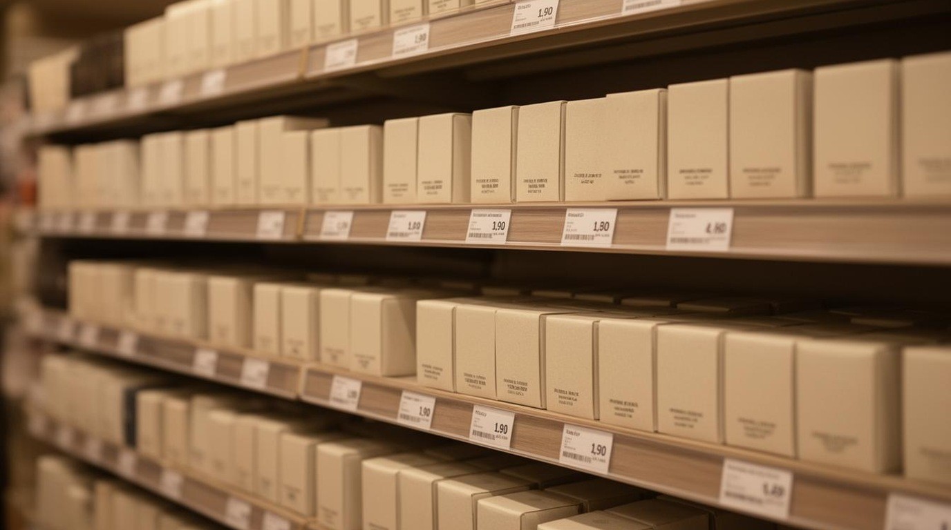 Shop shelf of neatly arranged boxed goods with price tags blurred